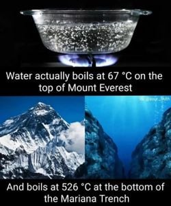 Su, Everest Dağı'nın tepesinde 67 derecede, Mariana Çukuru'nda 526 derecede mi kaynar, sebebi nedir?