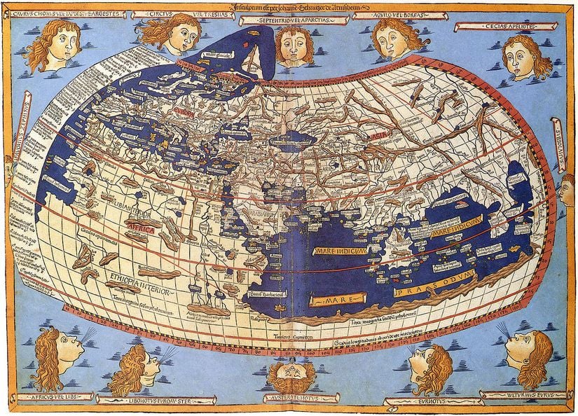 1482'de yeniden inşa edilen Ptolemy'nin Dünya haritası, zamanın mappaemundi ile karşılaştırıldığında dünya hakkında çok daha doğru bir görüş ortaya koydu . Avrupa kıtası ve Akdeniz kıyıları açıkça tanınabilir.