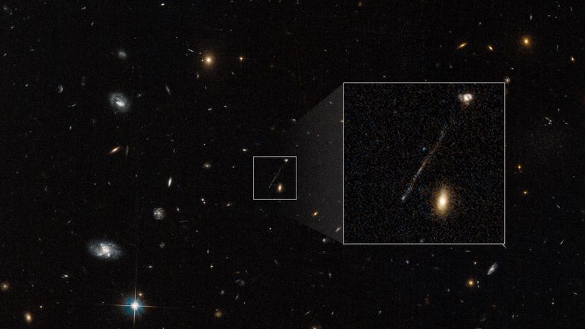 200.000 ışık yılı uzunluğunda olan ve genç, mavi yıldızlardan oluşan doğrusal iz. Kara delik, zincirin sol altında yer almaktadır ve sağ üstteki galaksiden kopmuştur.