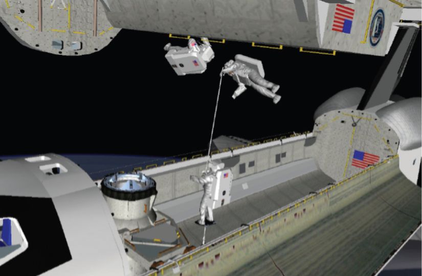 Atlantis EV1 ve EV2'yi iki mekiğin kargo bölmeleri arasındaki boşlukta gösteren NASA animatiği. EV2'nin ayakları taşınabilir bir ayak tutucuya sabitlenmiş durumda ve astronot EV1'i bir bomla boşluk boyunca hareket ettiriyor.