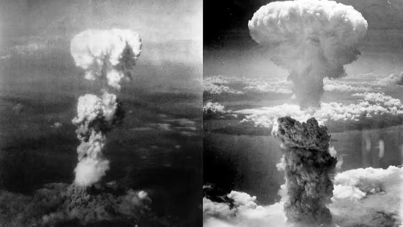 Dünya tarihinde ilk kez, 6 ve 9 Ağustos 1945'te Japon şehirleri Hiroşima (solda) ve Nagazaki'ye (sağda) iki nükleer bomba atıldı. Bu bombalar çoğu sivil olmak üzere 129.000 ila 226.000 arasında insanı öldürdü.