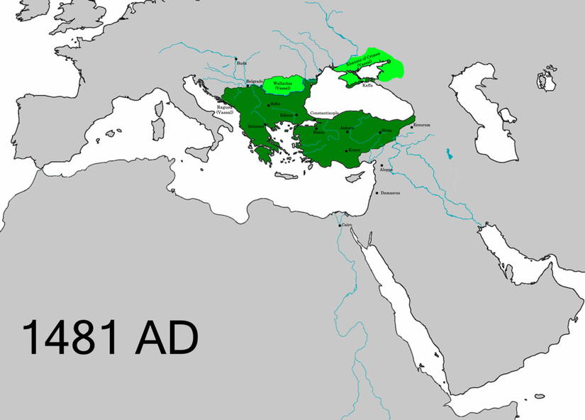Fatih'in öldüğü 1481 yılında Osmanlı İmparatorluğu'nun toprakları.