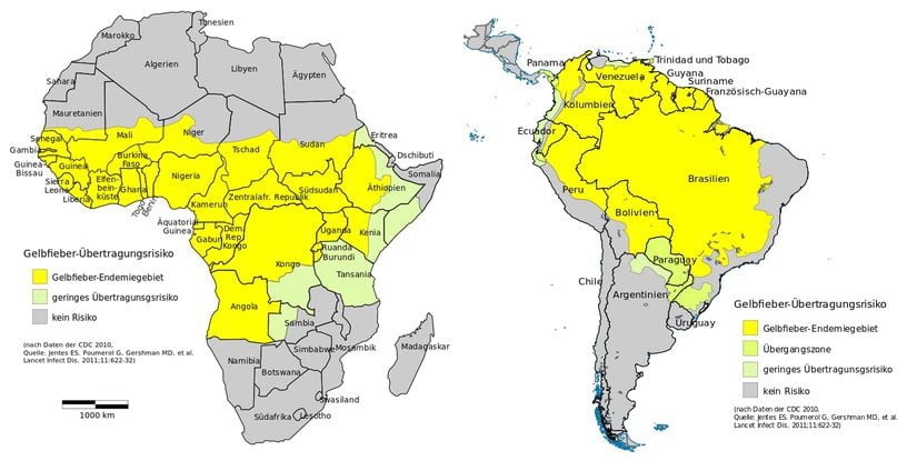 CDC verilerine göre Afrika ve Güney Amerika da sarı humma bulaşma riski (2010 - 2018 verileri ile uyumlu)