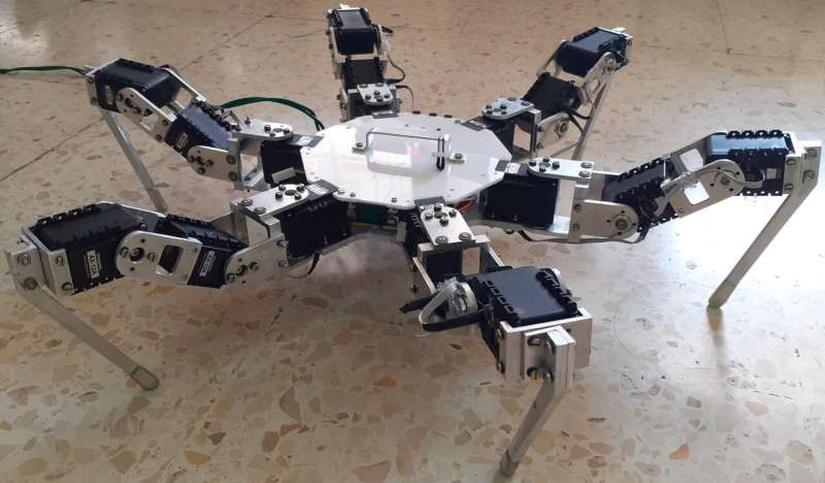 Ekibin kontrol yöntemini doğrulamak için kullanılan gerçek Hexapod robotu.