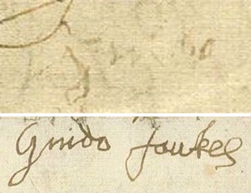 Guy "Guido" Fawkes'un işkence sonrası ve iyileştikten sonraki imzası (1605)