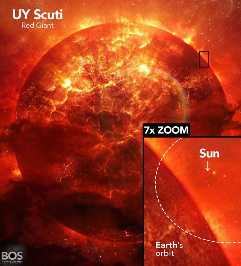 Resmi kayıtlarda geçen ve "en büyük yıldızlardan biri" olan UY Scuti, eğer ki Güneş'imizin yerini alack olsaydı, bu devasa yıldızın fotosfer tabakası Jüpiter'in yörüngesini yutacak kadar geniş olurdu! Bu yıldızın çapının 2.4 milyar kilometre ya da Güneş ile Dünya arasındaki mesafenin 15.9 katı olduğu hesaplanmaktadır. Yarıçapının Güneş'inkinin 1708 katı olduğu düşünülmektedir. "Düşünülmektedir" diyoruz; çünkü bu tip uzak ve devasa yıldızların büyüklükleri ilgili hesaplamalarda hata payları bulunmaktadır ve bu sebeple "en büyük yıldız" sıralaması da zaman içerisinde yeni yıldızlar keşfedilmese bile, daha öncekilerin daha net ölçülmesi sonucunda değişebilmektedir.
