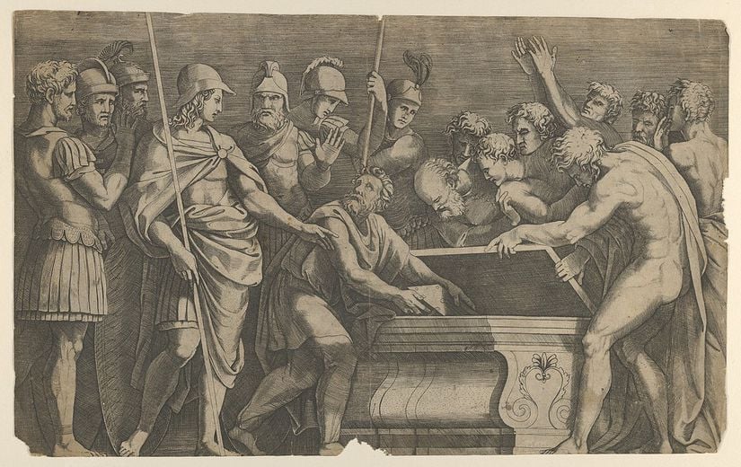 Büyük İskender, Homeros'un eserinin Aşil'in mezarına yerleştirilmesini emrediyor.