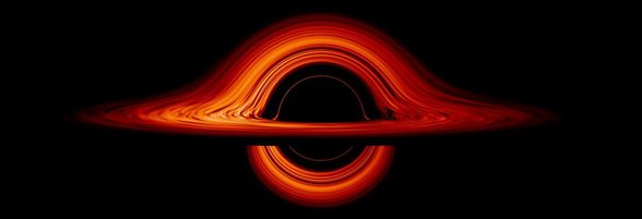 Kara deliğin yatayda olan halkasının arkada kalan kısmı, bükülmüş olan uzay-zaman dokusu sayesinde sanki kara deliğin üzerinden ve altından geçiyormuş gibi görünür.