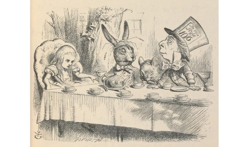 Alice Mad Hatter'ın Çay Partisi'nde, 1865, John Tenniel tarafından resmedildi