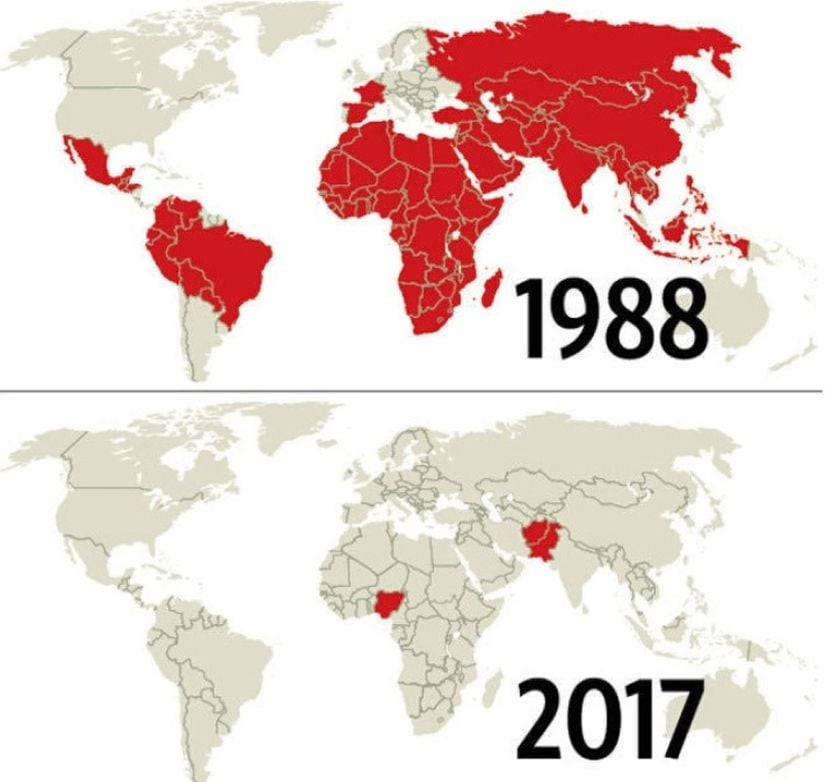 Dünya Sağlık Örgütü'nün hazırladığı, 1988 ve 2017 yıllarında görülen Çocuk Felci vakalarının dünya haritasındaki dağılımı.