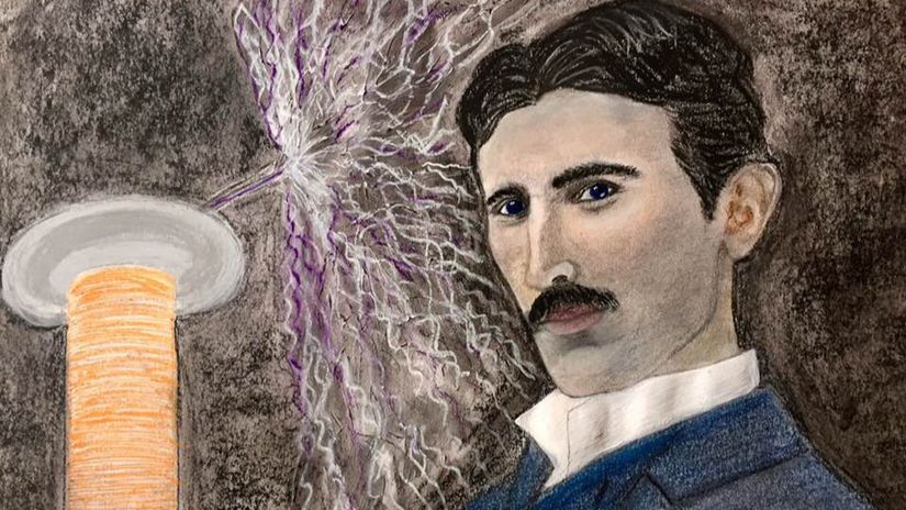 Nikola Tesla'nın Tesla bobini ile birlikte çizilen görseli.