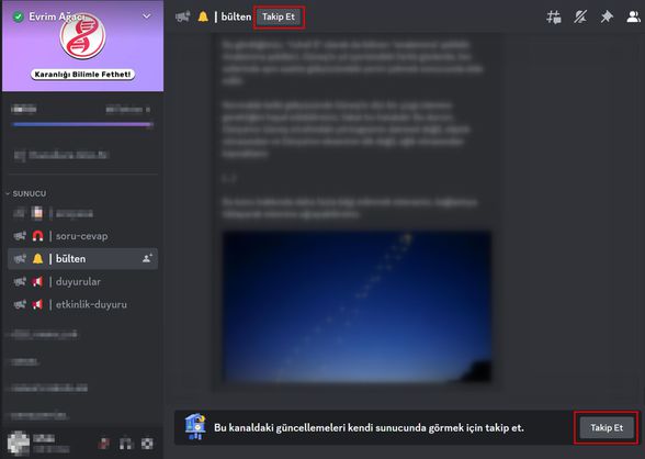 Discord sunucumuza üyeyseniz takip edebileceğiniz kanallar gösterilmektedir.