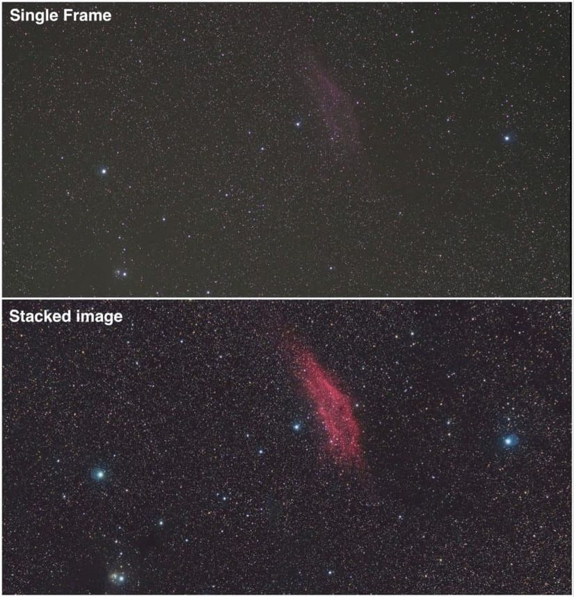 NGC 1499'a ait sadece tek bir fotoğraf (üstte) ve çekilmiş birden fazla uzun pozlamalı fotoğrafın istiflenmesi ile oluşturulmuş fotoğraf (altta)