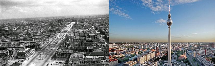 Solda 2 dünya savaşının sonlarındaki Berlin ile günümüzde ki Berlin.
