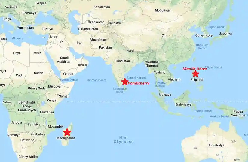 Soldan sağa doğru sırasıyla; Madagaskar, Pondicherry ve Manila Adası haritada kırmızı renkli yıldızlar ile işaretlenmiştir.