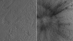 Uzay kayası Mars'a çarparak buz parçalarını ortaya çıkaran bir krater oluşturuyor.