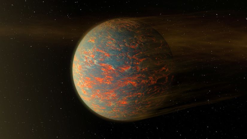 Bu tasvir, Dünya'nın neredeyse iki katı büyüklüğündeki kayalık ötegezegen 55 Cancri e için olası bir senaryoyu göstermektedir. Spitzer Uzay Teleskobu'nun yeni verileri, gezegenin bir tarafının diğerinden çok daha sıcak olduğunu gösteriyor. Bu durum, lav havuzlarının olası varlığı ile açıklanabilir.