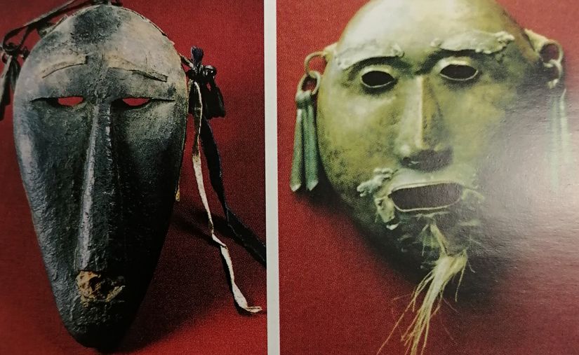 Buryat şaman kadını maskesi (sol taraf) ve ölümünden sonra da büyük bir saygı gören ünlü Buryat şamanı Borto'nun maskesi (sol taraf).