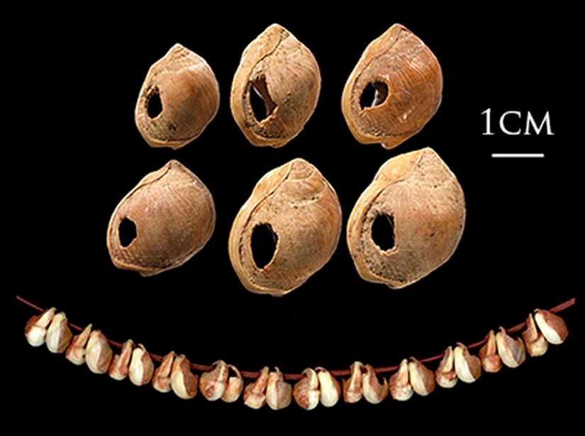 İsrail'deki Şkul Mağarası'ndaki bu boncuklar bulunduklarında aslında bir avuç delikli deniz kabuğu yığını hâlinde duruyordu. Görselin alt kısmında görebileceğiniz şekilde bir ip geçirilerek kolye olarak kullanıldıkları düşünülüyor. Tam 110 bin yaşında, dünyanın belki de en eski moda ürünlerinden biri.