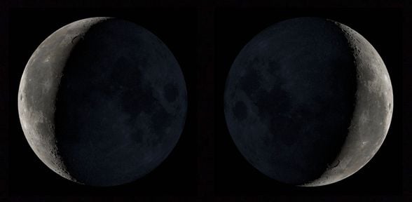 8 Mart 2021'de Kuzey Yarımküre (solda) ve Güney Yarımküre'den (sağda) görüldüğü gibi azalan hilal ayının veri görselleştirmeleri.