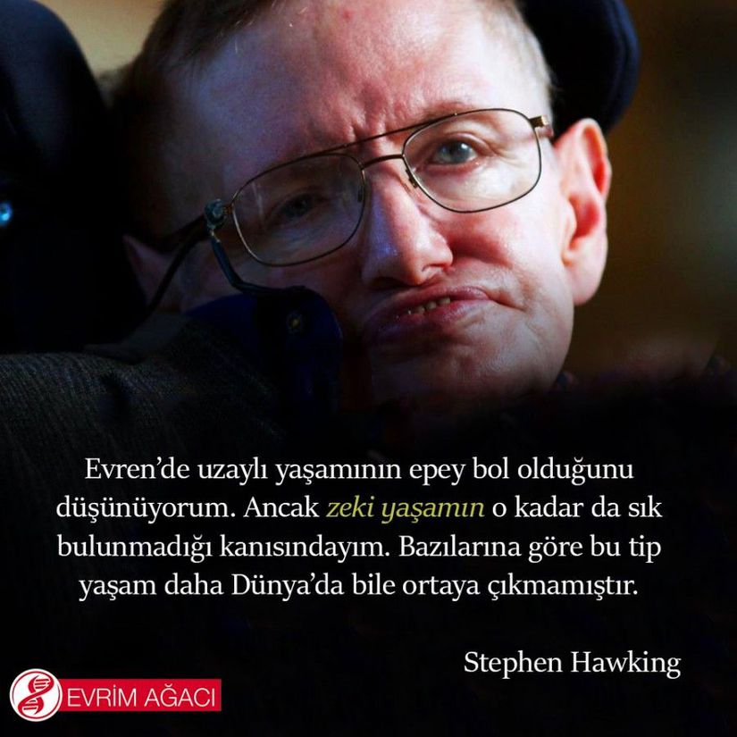 "Evren’de uzaylı yaşamının epey bol olduğunu düşünüyorum. Ancak zeki yaşamın o kadar da sık bulunmadığı kanısındayım. Bazılarına göre bu tip yaşam daha Dünya’da bile ortaya çıkmamıştır."  Stephen Hawking