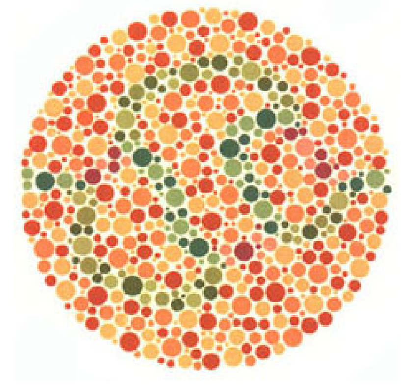 Plaka 35: Normal görüşlüler mavi-yeşil ve sarı-yeşil bir çizgi görürler, kırmızı-yeşil renk görüşü yetersizliği olanlar sadece kırmızı-yeşil ve mor çizgi görürler.