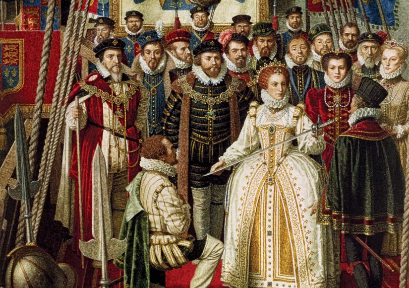 Francis Drake'in I. Elizabeth'in önünde diz çökmesi ve şövalye olmaya hazırlanışı. Jean-Léon Huens tarafından 20. yüzyıl tasviri.