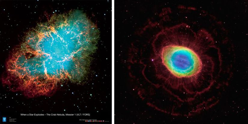 Süpernova kalıntıları (solda) ve gezegen bulutsuları (sağda), yıldızların yanmış ağır elementlerini yıldızlararası ortama saçarak yeni nesil yıldızlara ve gezegenlere geri dönüştürmesinin iki yoludur. Bu süreçler, kimyasal temelli yaşamın ortaya çıkması için gerekli olan ağır elementlerin üretilmesinin de iki yoludur. Onlarsız bir evreni hayal etmek imkansız değildir, ama zordur.
