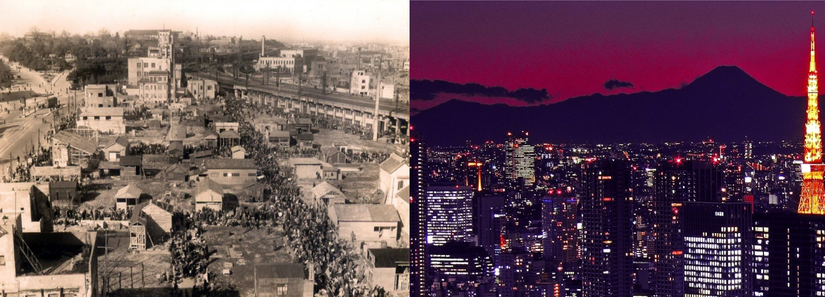 Sol taraftaki fotoğraf 1945 yılına ait. Fotoğrafın sol üst tarafı North Toward Ueno Park, sağ üst tarafı ise Ueno istasyonu. Sağ taraftaki fotoğraf ise günümüzdeki modern Tokyo şehrinden.