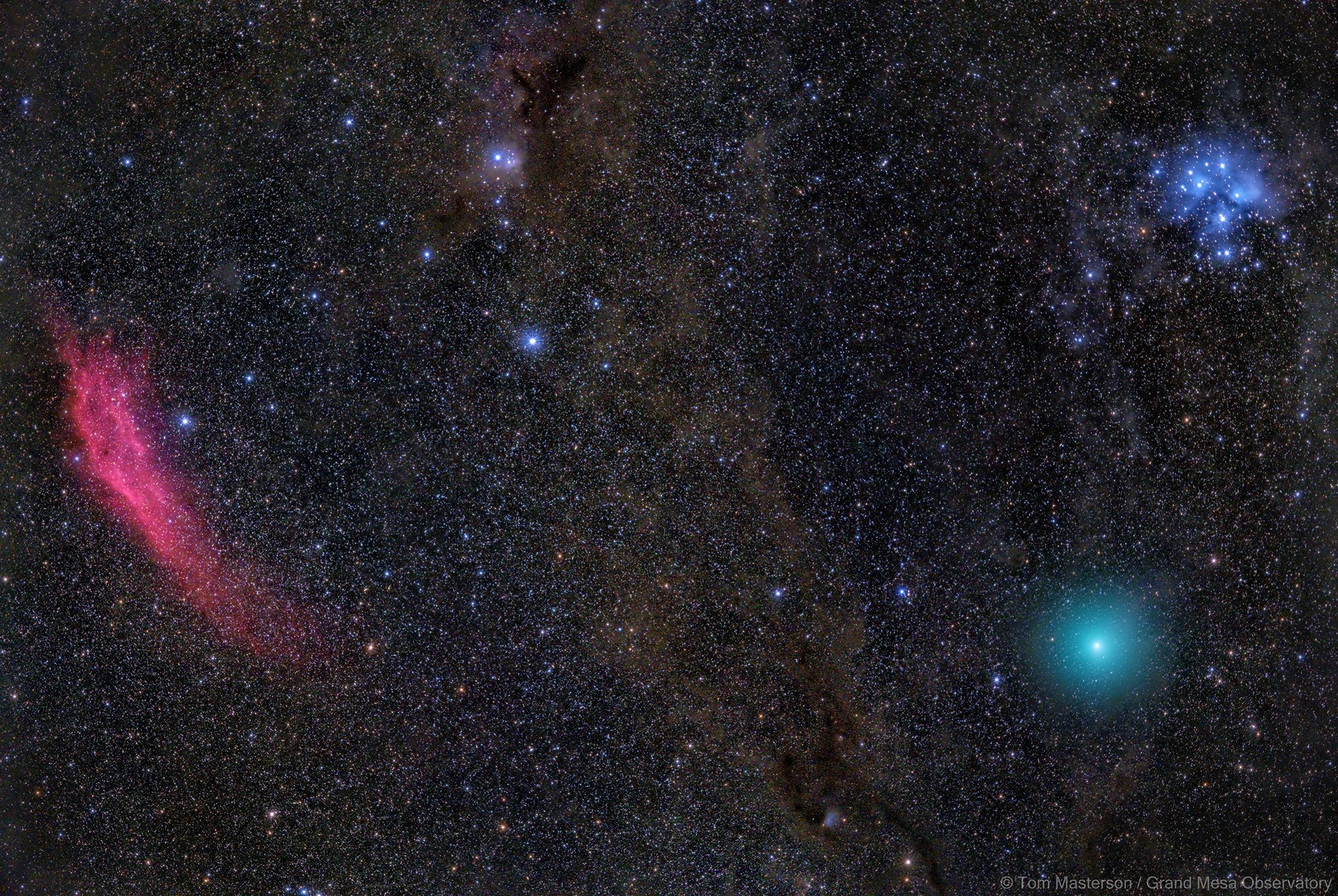  Red Nebula, Green Comet, Blue Stars 