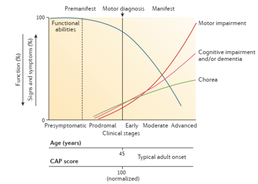 Klinik Huntington hastalığının doğal öyküsü. Normalize edilmiş CAG yaş ürünü (CAP) skoru, farklı CAG genişleme uzunluklarına sahip birçok bireyin ilerlemesinin aynı grafik üzerinde işaretlenmesini sağlar. Ortalama hastalık başlangıcı CAP skoru ~ 100'dür (tipik olarak ~ 45 yaş), ancak önemli kişiler arası değişkenlik vardır. Normalleştirme olmadan, başlangıçtaki CAP puanı 400'ü aşar. Huntington hastalığının teşhis edilebilir belirti ve semptomlarının ortaya çıkmasından önceki süre "premanifest" olarak adlandırılır. "Presemptomatik" dönemde hiçbir belirti veya semptom görülmez. "Prodromal" Huntington hastalığında, ince belirti ve semptomlar mevcuttur. Manifest Huntington hastalığı, motor ve bilişsel zorlukların yavaş ilerlemesi ile karakterizedir ve kore genellikle erken dönemde belirgindir, ancak zaman geçtikçe plato yapar veya daha sonra azalır.