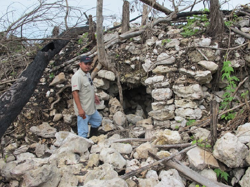 Belize Arkeoloji Enstitüsü'nden arkeolog Josue Ramos, etrafı açılan ormanda yeni ortaya çıkan kaya höyüğünün yanında dururken. Boyutuyla şekli bu yerleşim alanının antik bir yapının parçası olduğuna işaret ediyor.