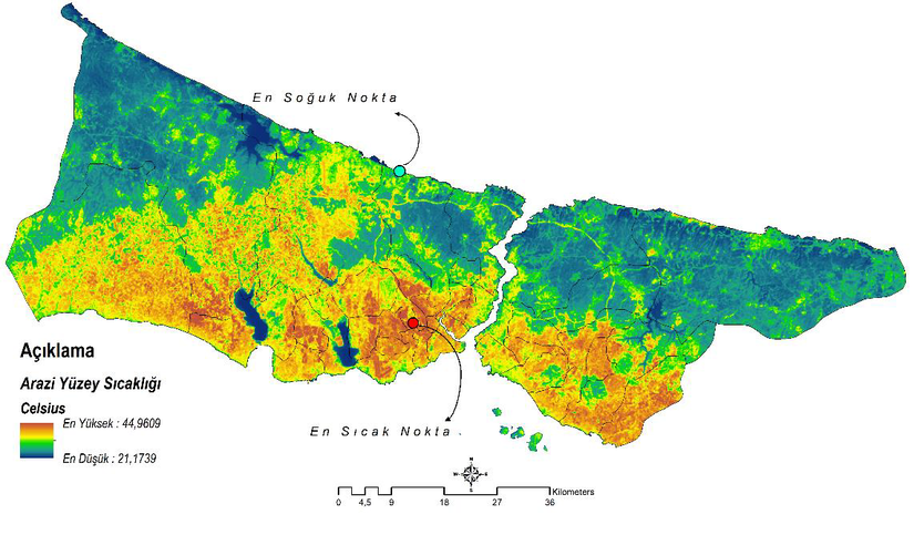 İstanbul İli Arazi Yüzey Sıcaklığı Dağılımı Haritası