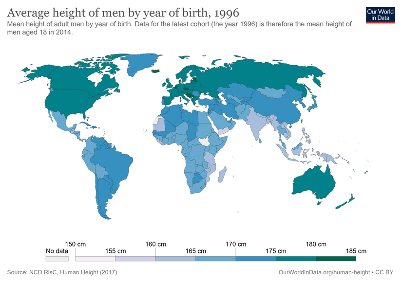 18 yaşındaki insanların boy ortalamasının bir coğrafi dağılımı (2014)
