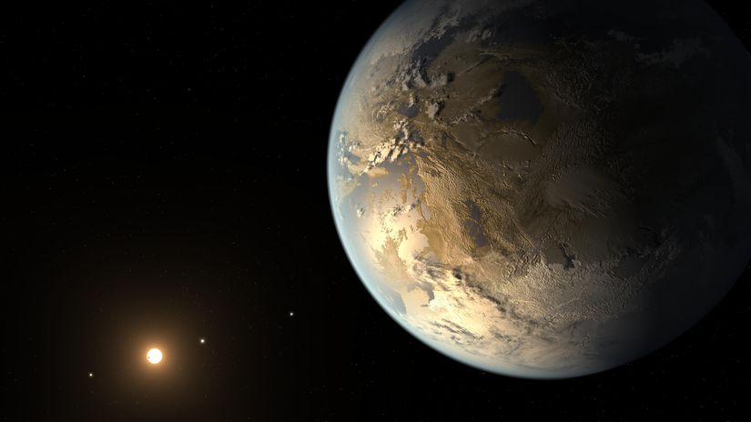 Bir sanatçının kayalık, Dünya boyutundaki Kepler-186f ötegezegeni tasviri.